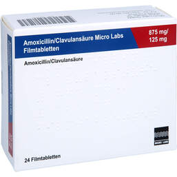 Abbildung: Amoxicillin / Clavulansäure Micro La.875mg / 125mg Fta 24 St, Filmtabletten PZN 18220541