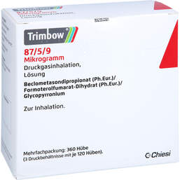 Abbildung: Trimbow 87 µg / 5 µg / 9 µg 360 Hub Druckgasinhalation 3 St, Dosieraerosol PZN 18222190