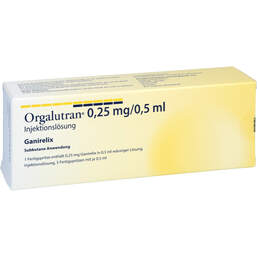 Abbildung: Orgalutran 0,25 mg / 0,5 ml Injektionslösung in einer Fertigspritze  1X5 St, Injektionslösung PZN 18224680