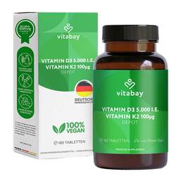Abbildung: Vitamin D3 Depot 5000 I.E. + Vitamin K2 7100 µg Tabletten  180 St, Tabletten PZN 18236281