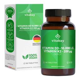 Abbildung: Vitamin D3 Depot 10.000 I.E. + Vitamin K2 200 µg Tab 180 St, Tabletten PZN 18236915