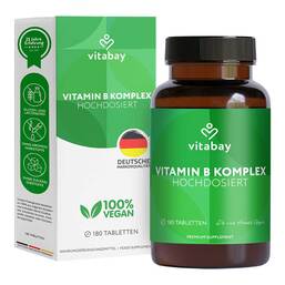 Abbildung: Vitamin B Komplex Biotin B6 B5 B1 + B12 vegan Tabletten  180 St, Tabletten PZN 18237205