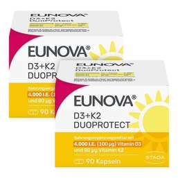 Abbildung: Eunova Duoprotect D3 + K2 4000 I.E. / 80 µg Kapseln 2X90 St, Kapseln PZN 18240319