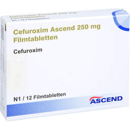 Abbildung: Cefuroxim Ascend 250 mg Filmtabletten 12 St, Filmtabletten PZN 18250714