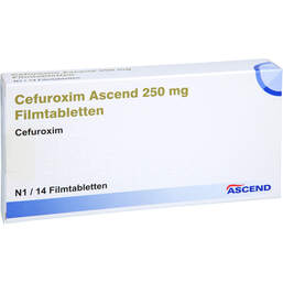 Abbildung: Cefuroxim Ascend 250 mg Filmtabletten 14 St, Filmtabletten PZN 18250720