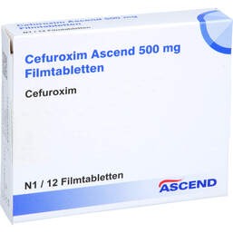 Abbildung: Cefuroxim Ascend 500 mg Filmtabletten 12 St, Filmtabletten PZN 18250766
