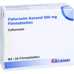 Abbildung: Cefuroxim Ascend 500 mg Filmtabletten 24 St, Filmtabletten PZN 18250795