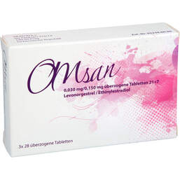 Abbildung: Omsan 0,03 mg / 0,15 mg überzogene Tabletten 21 + 7 3X28 St, Überzogene Tabletten PZN 18261712