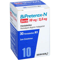 Abbildung: Bipreterax N forte 10 mg / 2,5 mg Filmtabletten 30 St, Filmtabletten PZN 18325323