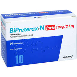 Abbildung: Bipreterax N forte 10 mg / 2,5 mg Filmtabletten 90 St, Filmtabletten PZN 18325346