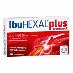 Abbildung: IbuHEXAL plus Paracetamol 200 mg/500 mg Filmtabletten 10 St, Filmtabletten PZN 18334428
