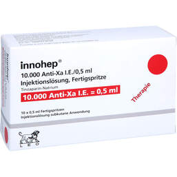 Abbildung: Innohep 10.000 Anti-Xa I.E. / 0,5ml Injektionslösung i.e.FS 10 St, Injektionslösung in einer Fertigspritze PZN 18379862