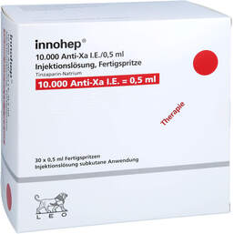 Abbildung: Innohep 10.000 Anti-Xa I.E. / 0,5ml Injektionslösung i.e.FS 30 St, Injektionslösung in einer Fertigspritze PZN 18379879