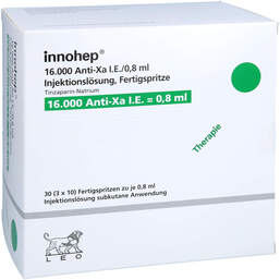 Abbildung: Innohep 16.000 Anti-Xa I.E. / 0,8ml Injektionslösung i.e.FS 30 St, Injektionslösung in einer Fertigspritze PZN 18379939