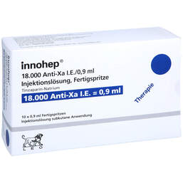 Abbildung: Innohep 18.000 Anti-Xa I.E. / 0,9ml Injektionslösung i.e.FS 10 St, Injektionslösung in einer Fertigspritze PZN 18379951