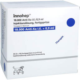 Abbildung: Innohep 18.000 Anti-Xa I.E. / 0,9ml Injektionslösung i.e.FS 30 St, Injektionslösung in einer Fertigspritze PZN 18379968