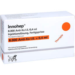 Abbildung: Innohep 8.000 Anti-Xa I.E. / 0,4ml Injektionslösung i.e.FS 10 St, Injektionslösung in einer Fertigspritze PZN 18379997
