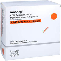 Abbildung: Innohep 8.000 Anti-Xa I.E. / 0,4ml Injektionslösung i.e.FS 30 St, Injektionslösung in einer Fertigspritze PZN 18380003