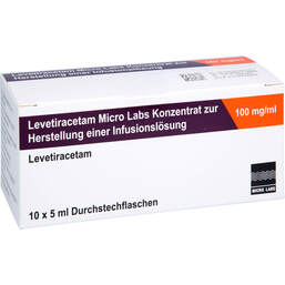 Abbildung: Levetiracetam Micro Labs 100 mg / ml Konzentrat z.H.Infusionsl. 10X5 ml, Infusionslösungskonzentrat PZN 18392006