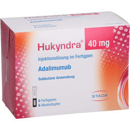 Abbildung: Hukyndra 40 mg / 0,4 ml Injektionslösung im Fertigpen 6X0.4 ml, Injektionslösung PZN 18401521
