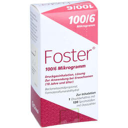 Abbildung: Foster 100 / 6 µg 120 Hub Dosieraerosol 1 St, Dosieraerosol PZN 18412890