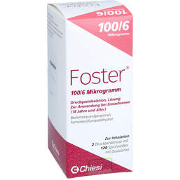 Abbildung: Foster 100 / 6 µg 120 Hub Dosieraerosol 2 St, Dosieraerosol PZN 18412909