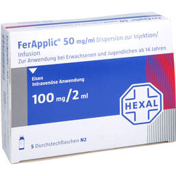 Abbildung: Ferapplic 50 mg / ml Dispersion z.Injektion / Infusion 100mg 5X2 ml, Injektions- und Infusionsdispersion PZN 18426053