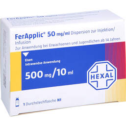 Abbildung: Ferapplic 50 mg / ml Dispersion z.Injektion / Infusion 500mg 1X10 ml, Injektions- und Infusionsdispersion PZN 18426082