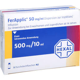 Abbildung: Ferapplic 50 mg / ml Dispersion z.Injektion / Infusion 500mg 5X10 ml, Injektions- und Infusionsdispersion PZN 18426107