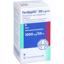 Abbildung: Ferapplic 50 mg / ml Dispersion z.Injektion / Infusion 1000mg 1X20 ml, Injektions- und Infusionsdispersion PZN 18426136