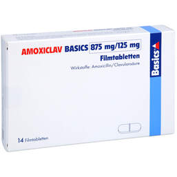 Abbildung: Amoxiclav Basics 875 mg / 125 mg Filmtabletten 14 St, Filmtabletten PZN 18437878