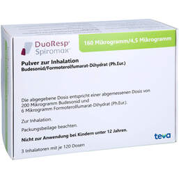 Abbildung: Duoresp Spiromax 160µg / 4,5µg / Dosis 3x120ED Inh.-P. 3 St, Inhalationspulver PZN 18453618