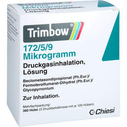 Abbildung: Trimbow 172 µg / 5 µg / 9 µg 120 Hub Druckgasinhalat. 3 St, Dosieraerosol PZN 18453630