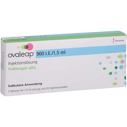 Abbildung: Ovaleap 900 I.E. / 1,5 ml Zyl.Ampulle + 20 Pen Injektion Nad. 1 St, Injektionslösung PZN 18454233