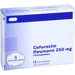 Abbildung: Cefuroxim Heumann 250 mg Filmtabletten 12 St, Filmtabletten PZN 18470947