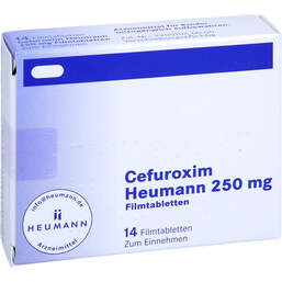 Abbildung: Cefuroxim Heumann 250 mg Filmtabletten 14 St, Filmtabletten PZN 18470953