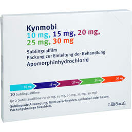 Abbildung: Kynmobi 10 / 15 / 20 / 25 / 30 mg Sublingualfilm Einl.Beh. 5X2 St, Schmelzfilm PZN 18489823