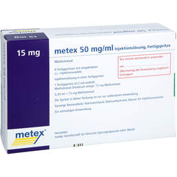Abbildung: Metex FS 15 mg (50mg / ml) Injektionslösung Fertigspritze 6 St, Injektionslösung in einer Fertigspritze PZN 18502676