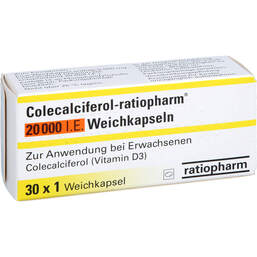 Abbildung: Colecalciferol-ratiopharm 20.000 I.E. Weichkapseln 30 St, Weichkapseln PZN 18602679