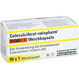 Abbildung: Colecalciferol-ratiopharm 20.000 I.E. Weichkapseln 50 St, Weichkapseln PZN 18602691