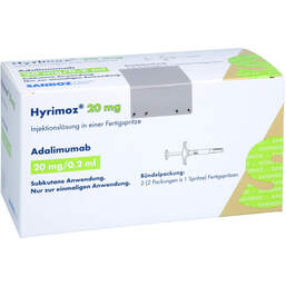 Abbildung: Hyrimoz 20 mg / 0,2 ml Injektionslösung in einer Fertigspritze 2 St, Injektionslösung PZN 18657396