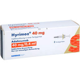 Abbildung: Hyrimoz 40 mg / 0,4 ml Injektionslösung in einer Fertigspritze 2 St, Injektionslösung PZN 18657404