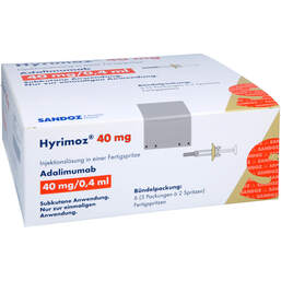 Abbildung: Hyrimoz 40 mg / 0,4 ml Injektionslösung in einer Fertigspritze 6 St, Injektionslösung PZN 18657427