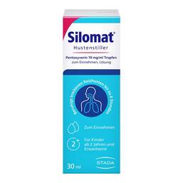 Abbildung: Silomat Hustenstiller Pentoxyverin 19 mg/ml Tropfen 30 ml, Tropfen zum Einnehmen PZN 18661417