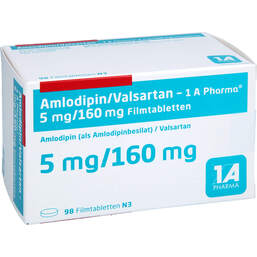 Abbildung: Amlodipin / Valsartan-1A Pharma 5 mg / 160 mg Filmtab. 98 St, Filmtabletten PZN 18676695