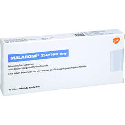 Abbildung: Malarone 250 mg / 100 mg Filmtabletten 12 St, Filmtabletten PZN 18684045