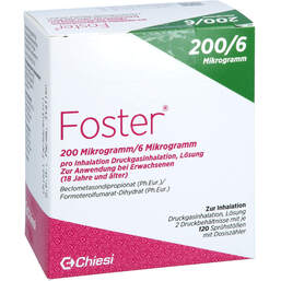 Abbildung: Foster 200 / 6 µg 120 Hub Dosieraerosol 2 St, Dosieraerosol PZN 18700962