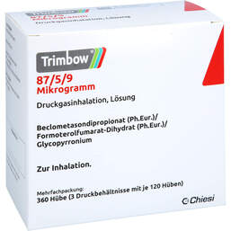 Abbildung: Trimbow 87 µg / 5 µg / 9 µg 120 Hub Druckgasinhalation 3 St, Dosieraerosol PZN 18713539