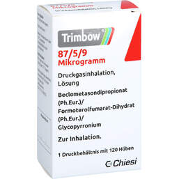 Abbildung: Trimbow 87 µg / 5 µg / 9 µg 120 Hub Druckgasinhalation 1 St, Dosieraerosol PZN 18713545