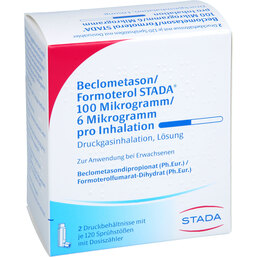 Abbildung: Beclometason / Formoterol STADA 100 / 6 µg 2x120 Hub 2 St, Dosieraerosol PZN 18718407